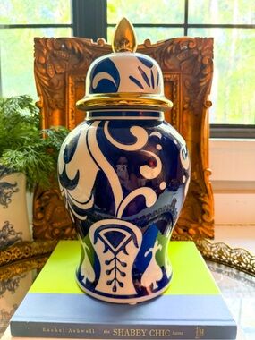 Blue and White Decorative Ginger Jar with Gold Trim